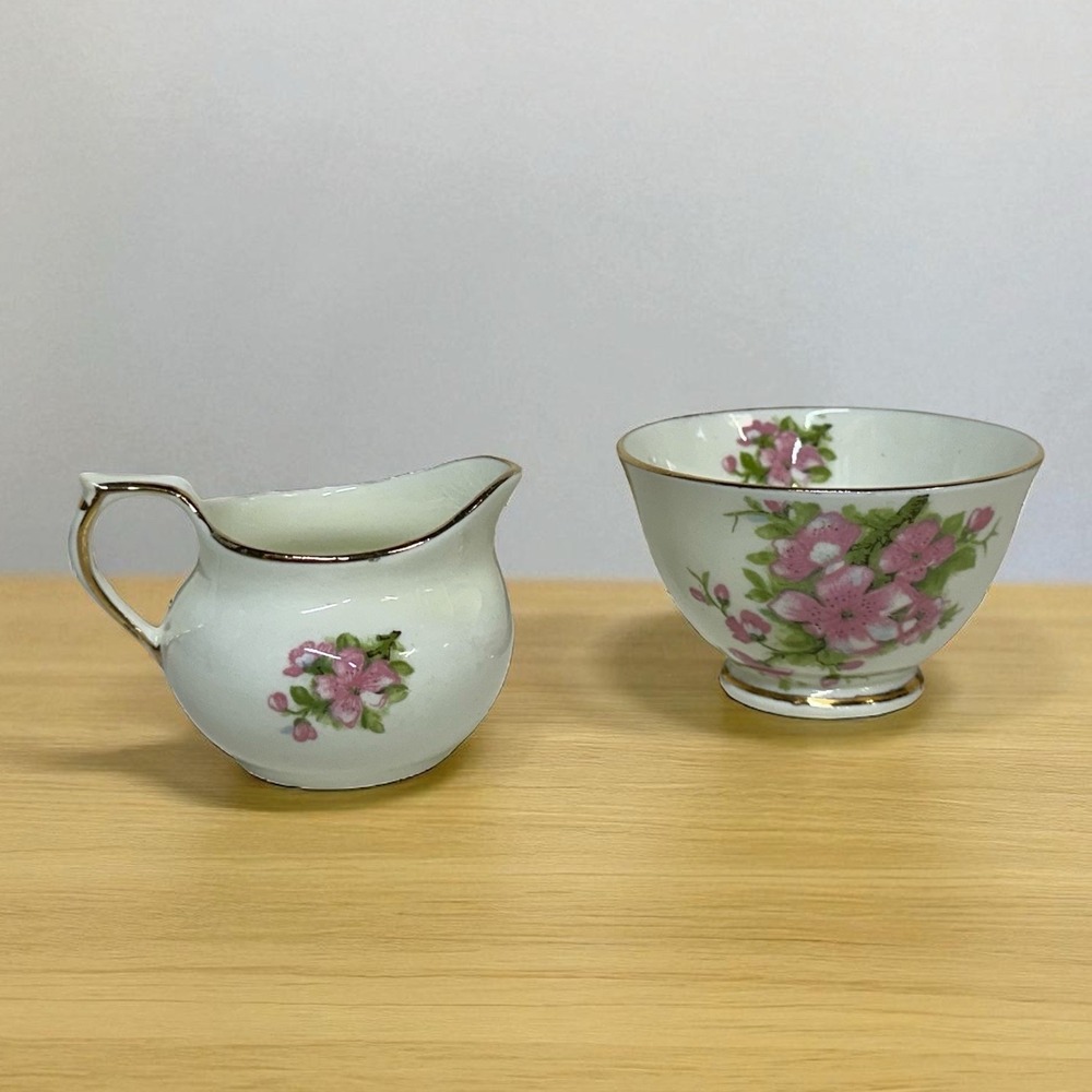 Sutherland English Bone China Creamer Open Sugar Bowl‎ Set PEACH BLOSSOM Vintage